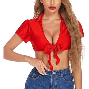 Women Red Sexy Top Tie Front Shirts Short Sleeve Cardigan Shrug V Neck